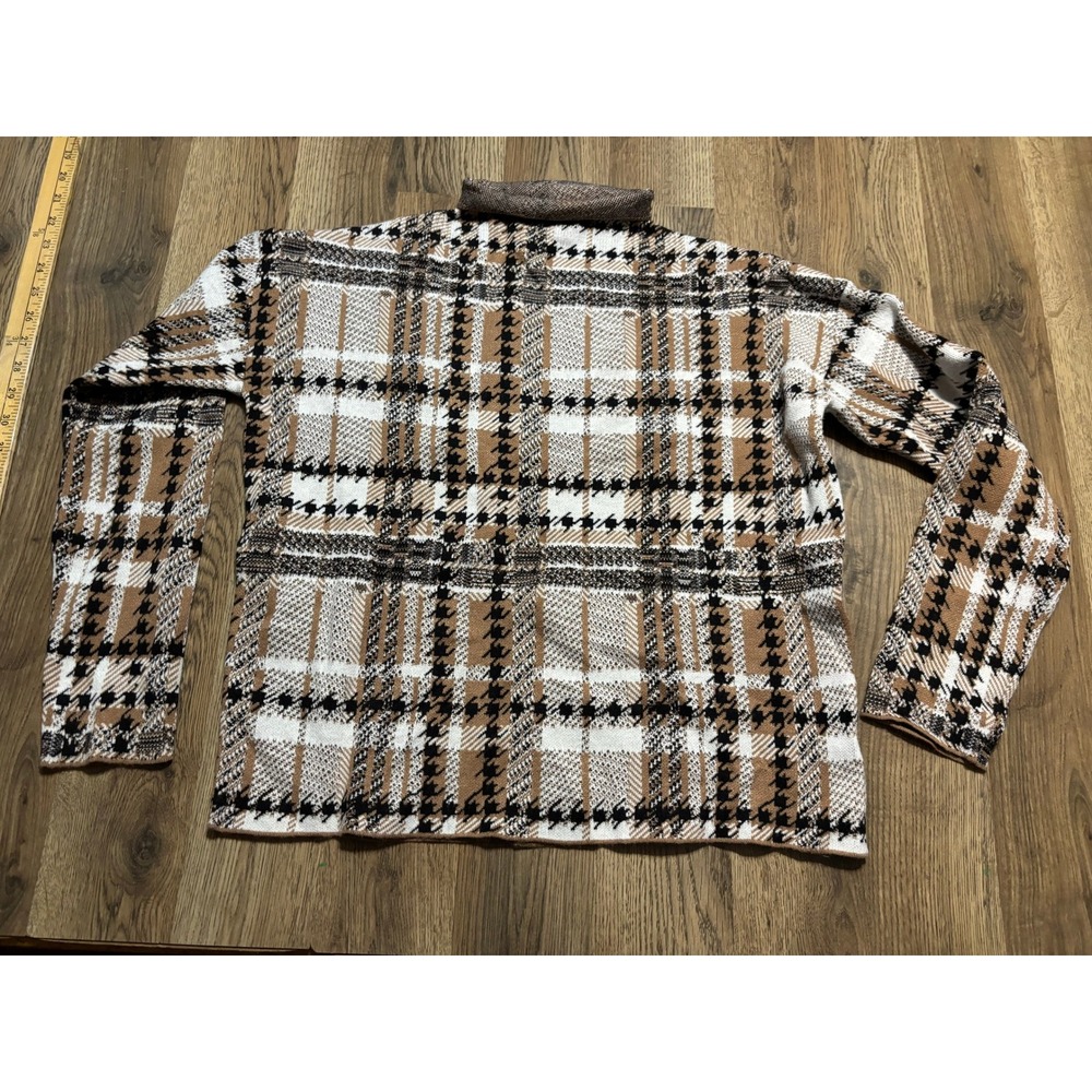 Rachel Zoe Jacket Women Size M Brown Sweater Plaid Mock Neck Houndstooth Knit